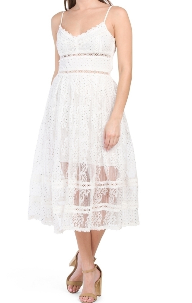 Nsr Women's White Lace Adjustable Spaghetti Strap Midi Dress